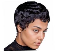 Pelucas cortas, peluca negra ondulada de 10 pulgadas con flequillo y pelota para mujeres, peluca cortada de pixie