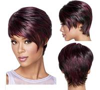 Pelucas cortas y esponjosas para mujer, color negro y rojo, con raya lateral, pelucas cortas y rectas para mujer, resistentes al calor, pelucas completas con flequillo