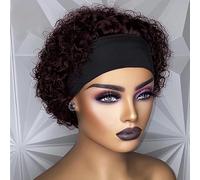 Pelucas cortas y rizadas cabello humano, peluca con diadema cabello humano Pixie corta y rizada resistente al calor 6 pulgadas, adecuada for el uso diario juegos rol mujeres.(Wine red)