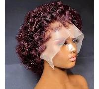 Pelucas cortas y rizadas de corte Pixie, peluca corta y rizada de 6 pulgadas, peluca corta de cabello humano con encaje 13X1 pelo de bebé, peluca sin pegamento resistente calor for mujeres negras.(Red