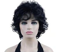 Pelucas cortas y rizadas for mujer Peluca corta y rizada suave de aspecto natural con flequillo Peluca sintética suelta resistente al calor for mujeres africanas Uso diario(Black)