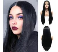 Pelucas de 13 x 3 pulgadas, prearrancadas, largas, lacias, coloridas, para mujer, aspecto natural, resistente al calor, con encaje frontal, para reemplazo, fiesta, cosplay, disfraz, uso diario (negro