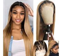Pelucas de cabello humano con encaje frontal de 13 x 6 pulgadas, color rubio miel degradado 1B27 con raíces oscuras, 2 tonos, 24 pulgadas de profundidad, línea capilar natural prearrancada para mujer