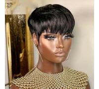 Pelucas de cabello humano corto, corte recto, para mujeres negras, hechas a máquina, con flequillo, peluca barata sin pegamento, 6 pulgadas, color natural, 1 unidad/lote