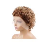 Pelucas de cabello humano corto y rizado de 6 pulgadas, corte Pixie Bob, sin pegamento, frontal for mujer, encaje de 13 x 1 pulgada, densidad del 180%. Adorno de pelo para mujer(Brown light blonde)
