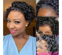 Pelucas de cabello humano de corte corto para mujeres Pelucas rizadas de color negro Pelucas de cabello humano sin pegamento Pelucas rizadas con ondas de agua rubias - 6 pulgadas - 150% - Negro