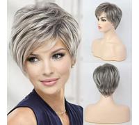Pelucas de cabello humano gris plateado corto para mujer, peluca rizada combinada con flequillo, cabello natural para uso diario, n.º 2, 1 pieza