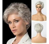 Pelucas de cabello humano gris plateado corto para mujer, peluca rizada combinada con flequillo, cabello natural para uso diario, n.º 8, 1 pieza