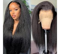 Pelucas de cabello humano lacio tipo afro con encaje frontal prearrancado con abuelitos, 13 x 4, HD, transparente, Yaki, pelucas de cabello humano de densidad del 180 %, pelucas de encaje frontal para