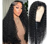 Pelucas de Cabello Humano para Mujeres Deep Curly Wave 13x4 Lace Front Wigs Human Hair 150% Density Pelucas Pre Plucked with Baby Hair Black Color Wig for Woman Natural Black 28 Pulgadas