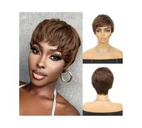 Pelucas de cabello humano Peluca corta de cabello humano en capas color marrón chocolate, corte pixie, 4#, liso, con flequillo Pelucas para mujeres