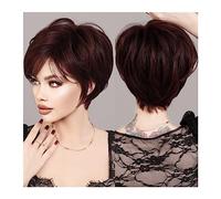 Pelucas de cabello humano Peluca de Bob corto, peluca roja vino for mujer, pelucas de pelo sintético Natural for fiesta diaria con flequillo esponjoso, fibra resistente al calor Pelucas para mujeres