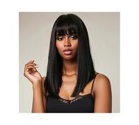 Pelucas de cabello humano Peluca de pelo medio largo, negra, fibra química, mecanismo de seda de alta temperatura, cubierta for la cabeza Pelucas para mujeres