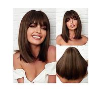 Pelucas de cabello humano Peluca de pelo sintético hasta los hombros, pelucas rectas de Bob rubio marrón for mujeres negras, peluca de fiesta diaria resistente al calor con flequillo Pelucas para muje