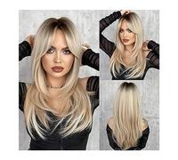 Pelucas de cabello humano Peluca rubia degradada for mujer, peluca larga y recta con flequillo for el día, peluca sintética en capas Hai, fibra resistente al calor Pelucas para mujeres