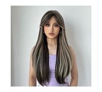 Pelucas de cabello humano Pelucas sintéticas de 26 pulgadas largas y rectas mixtas de color marrón claro y blanco for mujer, peluca for fiesta diaria, Cosplay, resistente al calor, Natural Pelucas par