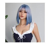 Pelucas de cabello humano Pelucas sintéticas de Cosplay azul de 14 pulgadas/35 cm, peluca de pelo de Halloween de Lolita recta de Bob corto con flequillo for mujeres, resistente al calor Afro Pelucas
