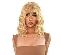 Pelucas de cabello humano Pelucas sintéticas de Cosplay de Lolita doradas y rubias cortas de 14 pulgadas con flequillo for mujeres, cabello falso ondulado Natural diario, fibra resistente al calor Pel