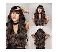 Pelucas de cabello humano Pelucas sintéticas de ondas de agua largas de color marrón oscuro con flequillo, peluca de pelo falso ondulado de platino mezclado Natural for mujeres, resistente a fiestas d