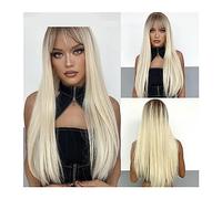 Pelucas de cabello humano Pelucas sintéticas largas y rectas con Bang Light Platinum Blonde Natural Faker Hair for mujeres Cosplay diario resistente al calor Pelucas para mujeres