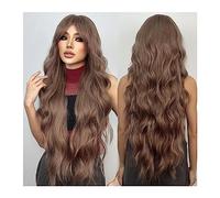 Pelucas de cabello humano Pelucas sintéticas marrones onduladas y rizadas largas con flequillo, fiesta de disfraces, pelo Afro Natural de Halloween for mujeres blancas, resistente al calor Pelucas par