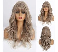 Pelucas de cabello rizado de 24 pulgadas de largo para mujer, color rubio ceniza, pelucas sintéticas naturales resistentes al calor con flequillo