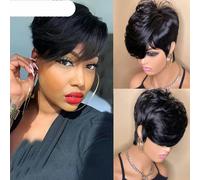 Pelucas de corte corto sin pegamento listas para usar Pelucas de cabello humano liso sin pegamento Peluca de onda de agua hecha a máquina completa con flequillo - Modelo en pulgadas - 150 densidad