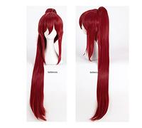 Pelucas de Cosplay Fairy Tail Erza Scarlet, peluca de pelo sintético resistente al calor de color rojo vino de 100 cm de largo + gorro de peluca