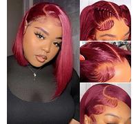 Pelucas de encaje frontal de color borgoña 99J de 13 x 4 pulgadas, encaje frontal HD, sin pegamento, peluca corta de cabello humano para mujeres negras, línea capilar natural prearrancada, color rojo