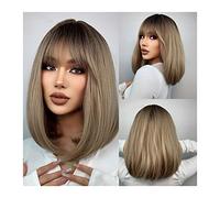 Pelucas de encaje ondulado Bob Rubia Peluca con flequillo Peluca sintética de longitud de longitud hombros dorada de oro for las mujeres Peluca resistente al calor for la fiesta Daily Wear Pelucas de