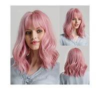 Pelucas de encaje ondulado Peluca de onda corporal larga media sintética con flequillo 14 pulgadas Cosplay Daily Pelucas naturales for las mujeres Peluca de cabello de fibra resistente al calor suave