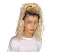 Pelucas de encaje rubio, rizado con raíz oscura, 25,4 a 45,7 cm Peluca frontal de encaje en T transparente, pelo brasileño, prearrancado, ondulado agrega volumen al cabello (45 cm)