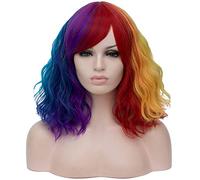 pelucas de mujer pelucas de reemplazo de cabello Señoras multicolor cosidas degradado pelo sintético sintético peluca con flequillo rizado ondulado blanco y negro azul rosa color cosplay pelucas Peluc