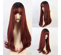 Pelucas de onda larga GHK con flequillo Pelucas de cosplay Mujer Sintético natural Negro degradado Vino Pelucas rojas Pelucas de fibra resistente al calor