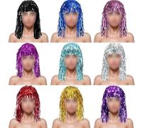 Pelucas de oropel de aluminio con acabado brillante, sombrero de hilo de lluvia, material PET, longitud ajustable para pelucas, animadoras, fanáticos del fútbol, fiesta, baile, disfraz, accesorio de