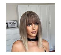 Pelucas de pelo Gris Rubio Corto Bob Ombre Pelucas Sintéticas Medio Recto Ceniza Cosplay Cabello con Flequillo for Mujeres Afro Natural Resistente Al Calor