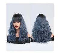 Pelucas de pelo Pelucas de color rojo oscuro for mujer, peluca ondulada burdeos con flequillo, roja Ombre sintética colorida for fiesta diaria(Ombre Blue)