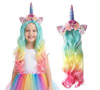 Pelucas de Unicornio para Mujer, Peluca de Unicornio con Cuerno y Orejas, Pelucas Largas y Rizadas, Accesorios para el Cabello de Unicornio, Diadema para Carnaval Halloween Fiesta de Cosplay (Color 1)