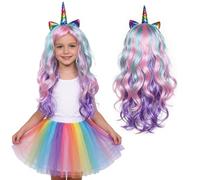 Pelucas de Unicornio para Mujer, Peluca de Unicornio con Cuerno y Orejas, Pelucas Largas y Rizadas, Accesorios para el Cabello de Unicornio, Diadema para Carnaval Halloween Fiesta de Cosplay (Color)