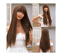 Pelucas delanteras de encaje Cabello humano Pelucas sintéticas largas de color marrón frío con flequillo, café claro, pelos falsos rectos, peluca Natural for uso diario, fibra resistente al calor for