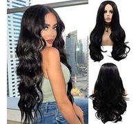 Pelucas delanteras de encaje negro 1B for mujer Peluca sintética de fibra de calor de aspecto realista largo y rizado Peluca de encaje negro puro 150 Densidad Cosplay Amina Uso diario 24 pulgadas