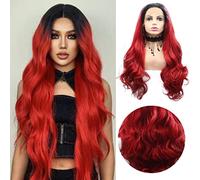 Pelucas delanteras del cordón sintético rojo para las mujeres Raíz oscura de la onda larga peluca roja de Ombre con la parte libre Peluca resistente al calor de Cosplay del pelo de la fibra sin cola