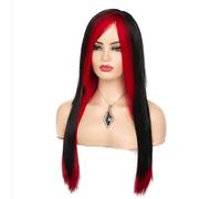 Pelucas Disfraz de Halloween Mujer Peluca Pelo sintético Largo Rojo Negro Recto Resistente al calor Flequillo lateral Cabello Natural(Color:A4)