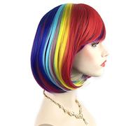 Pelucas estilo Bob arcoíris y una gorra de peluca, pelucas cortas y rectas multicolor para cosplay, cómodas, transpirables y duraderas, red rosa; wig007A