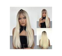 Pelucas, Flequillo Degradado dorado oscuro Negro Degradado dorado Marrón oscuro cabello largo y liso Fibra química Cabello mate Seda de alta temperatura Europeo y peluca femenina cubierta de cabeza co