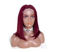 Pelucas frontales de encaje HD de 13x4 en color rojo vino for mujeres negras, peluca corta recta color borgoña, cabello humano prearrancado(14inch)