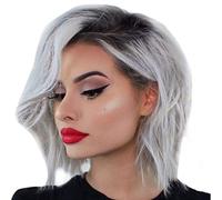 Pelucas grises degradadas completas, mezcla de colores de peluca, peluca sintética de pelo Natural corto y rizado Peluca Larga Realista Mujer (Grey, One Size)