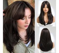 Pelucas largas de cabello castaño para mujer, peluca de pelo sintético rizado en capas con flequillo, raya al medio, realista, aspecto natural, para uso diario en fiestas