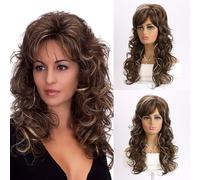 Pelucas largas y rizadas color marrón oscuro ondulado con flequillo para mujer,pelucas sintéticas resistentes calor aspecto Natural para uso diario