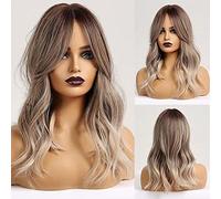 Pelucas largas y rizadas para mujer con flecos, color degradado marrón ceniza a gris, sintéticas, resistentes al calor, uso diario/cosplay, 18 pulgadas, marrón degradado